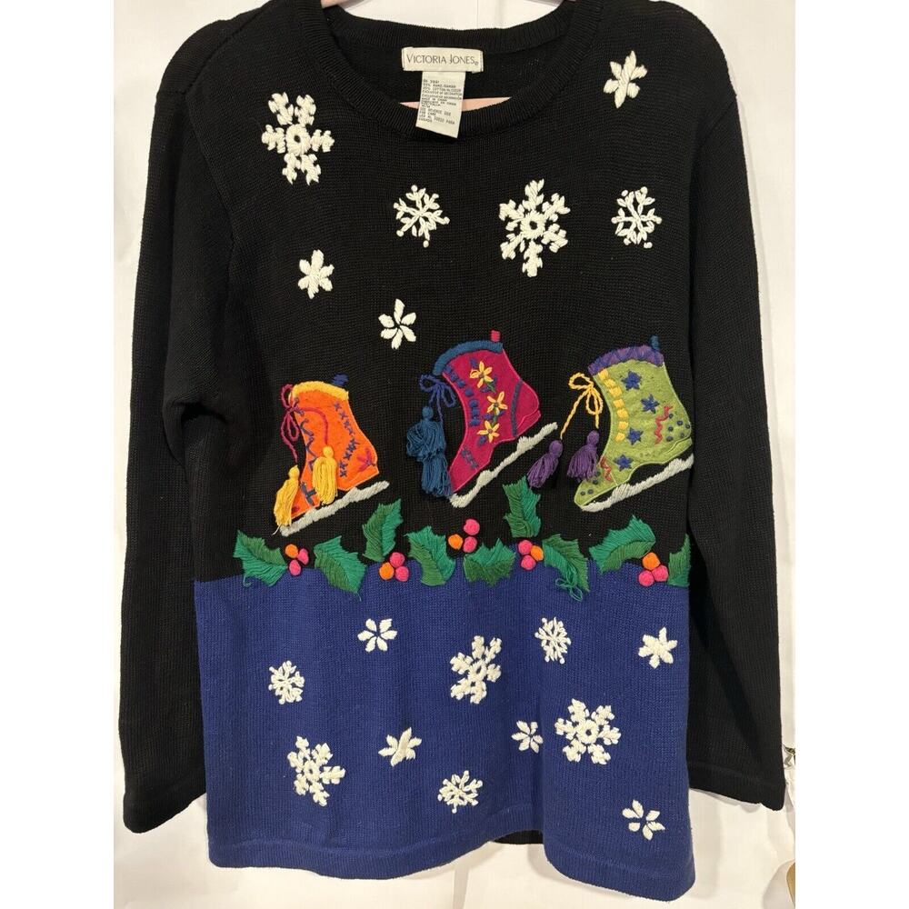Vintage Holiday Snowflake skating Sweater Grandma Ugly Christmas Medium